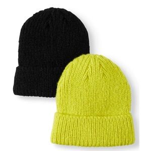 NWT SCOOP Set of Two Beanies in Black and Lime Green (Chartreuse)